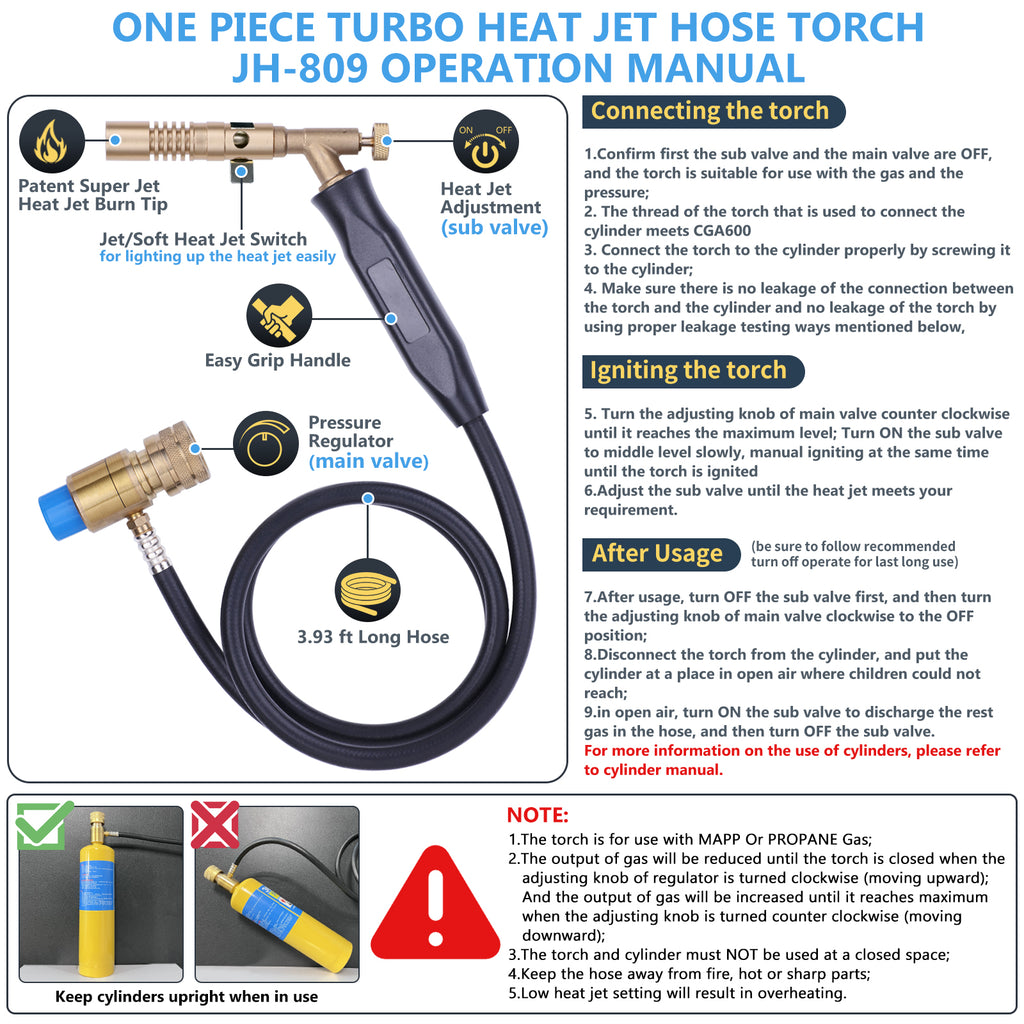 Propane Torch Hose Kit – Heavy Duty Gas Welding Torch with Adjustable Heat Output, Long Hose and Brass Nozzle for Soldering, Brazing, Heating and BBQ