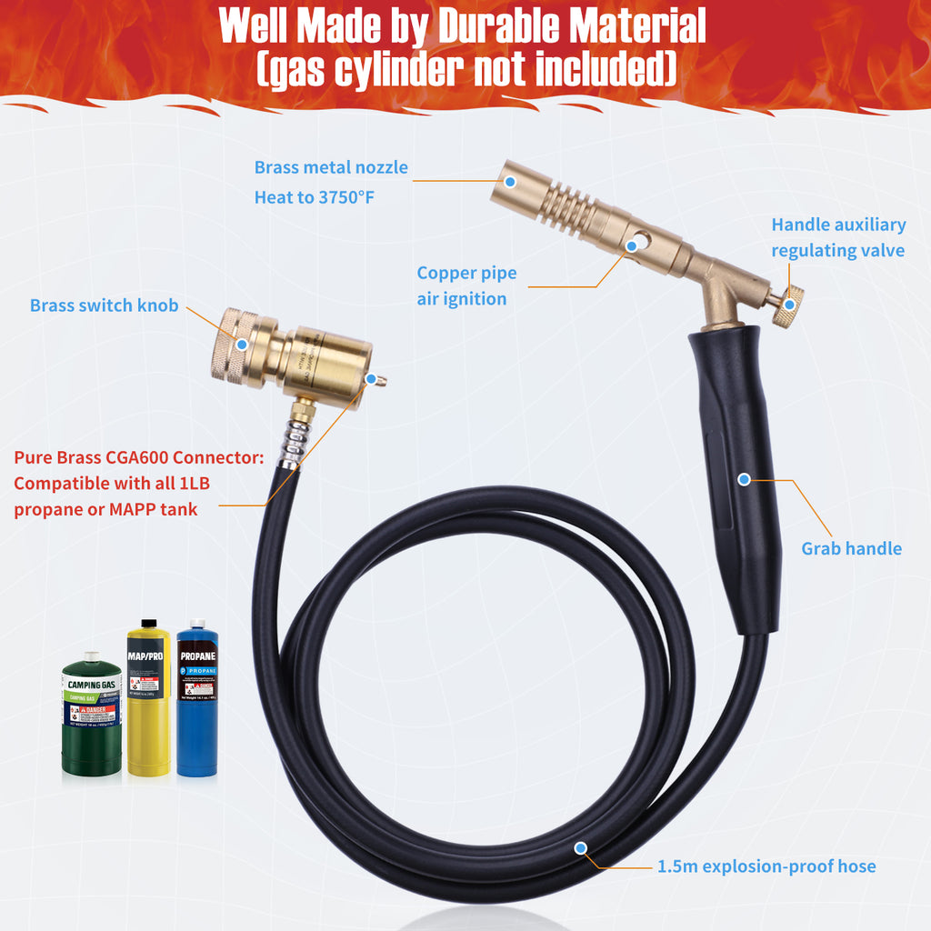 Propane Torch Hose Kit – Heavy Duty Gas Welding Torch with Adjustable Heat Output, Long Hose and Brass Nozzle for Soldering, Brazing, Heating and BBQ