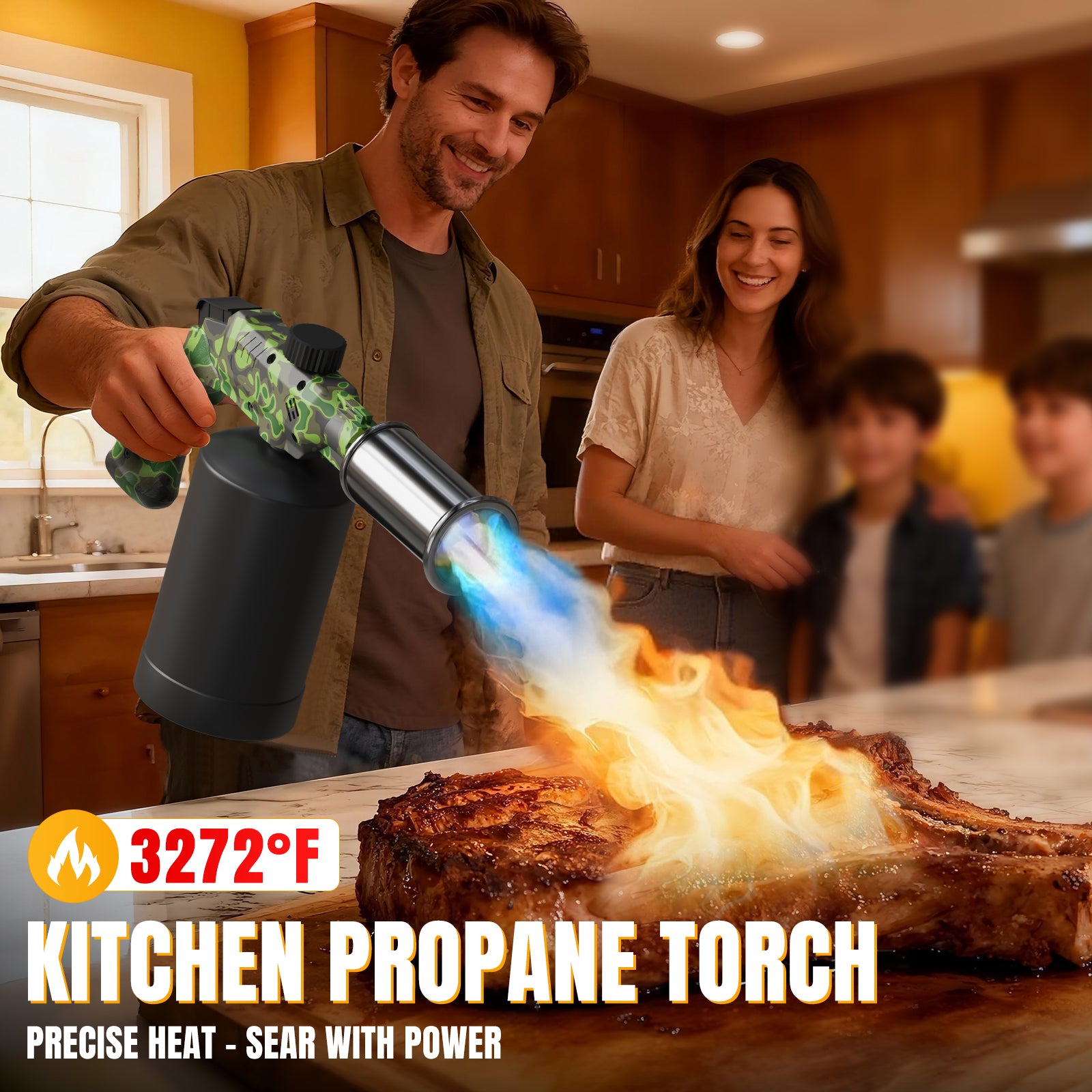 Powerful Propane Cooking Torch Head with Adjustable High-Heat Output, Blow Torch for Cooking, BBQ, Campfire & Kitchen Food Finishing (Gas Tank Not Included)