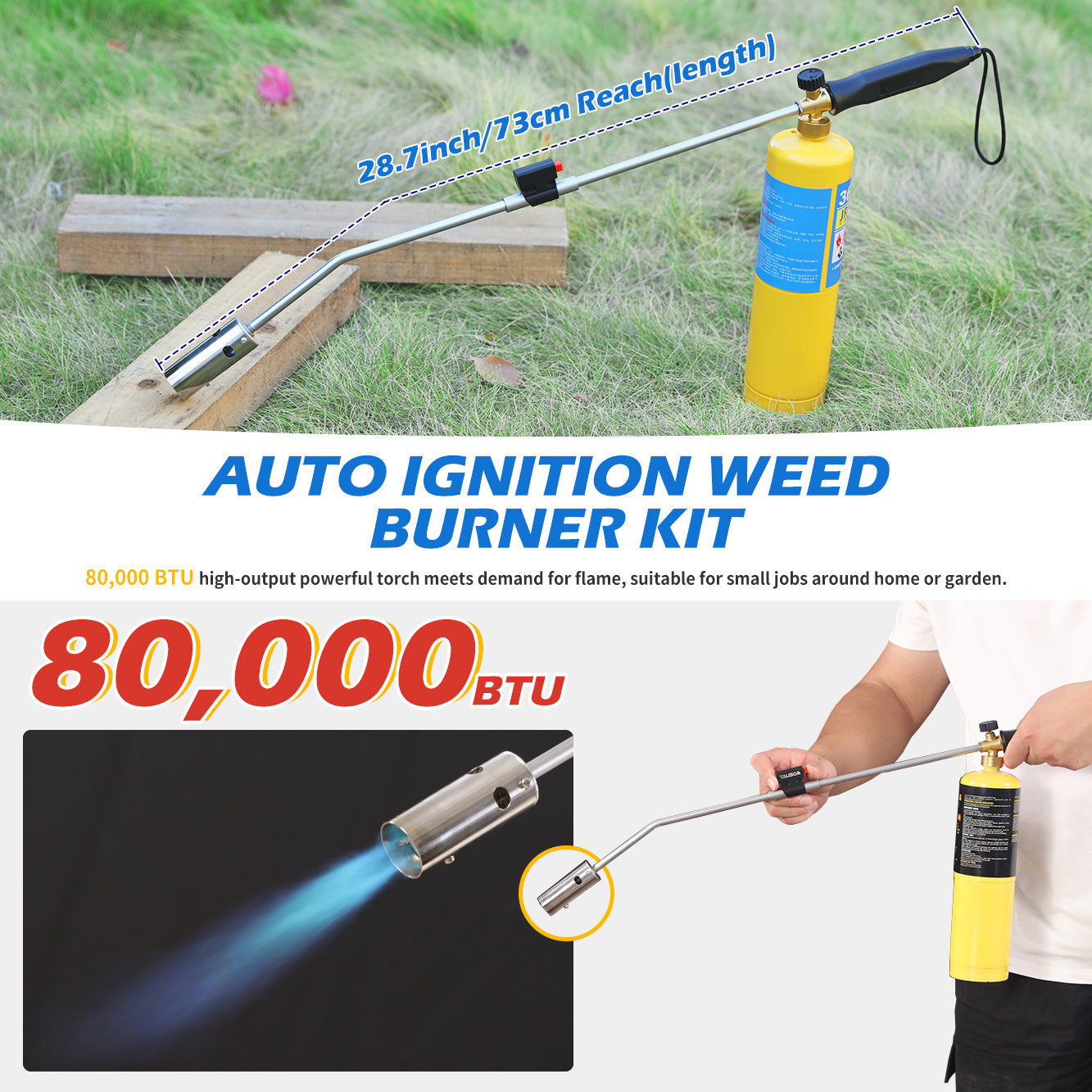 Tausom High-Output Weed Torch with 36" Removable Arm | Propane Weed Burner